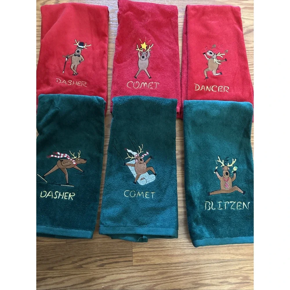 Grand Prix By Avanti 6Pc Towel Set Embroidered Rudolph Reindeer Christmas Red/gr
